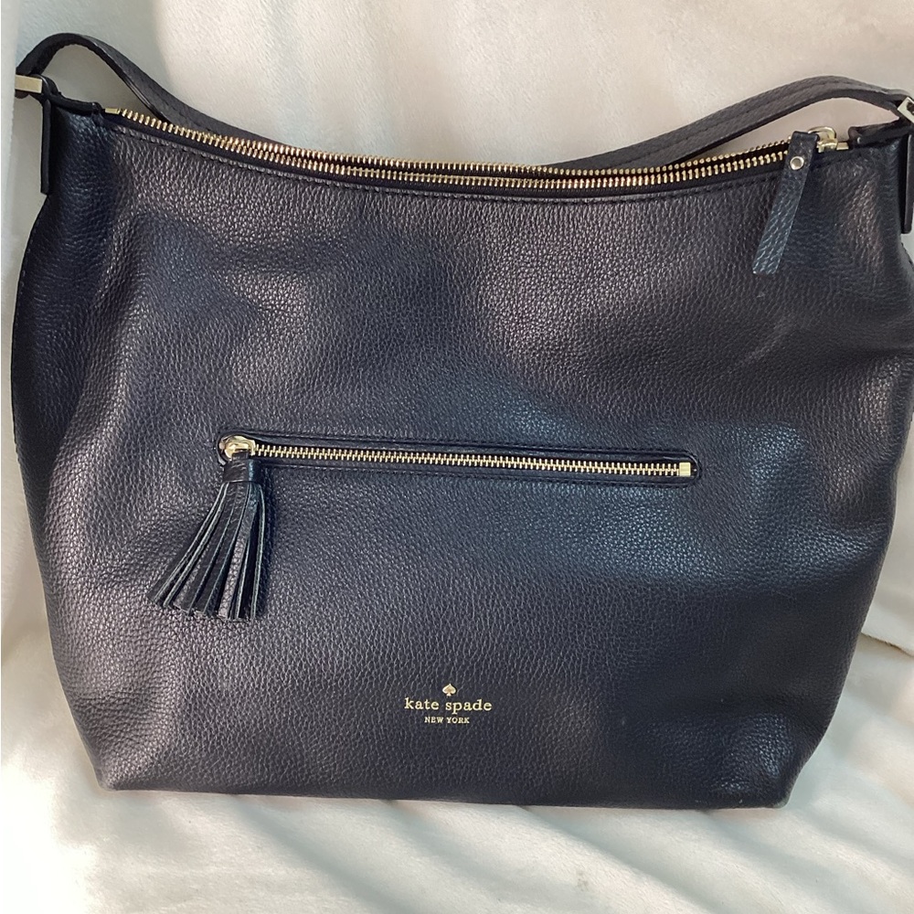 Kate Spade Black Leather Hobo Bag with Gold Accents